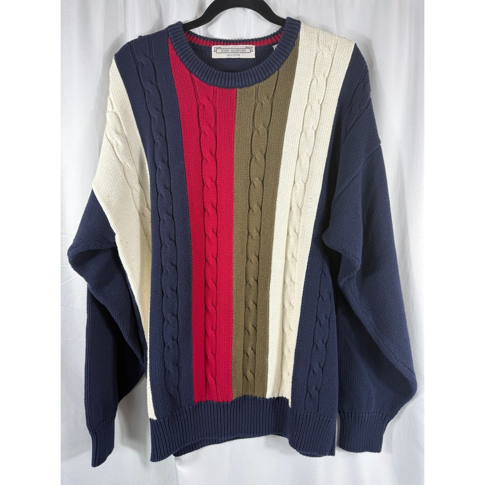 Vintage John Ashford Mens XL 100% Cotton Cable Knit Color Block Sweater Preppy‎